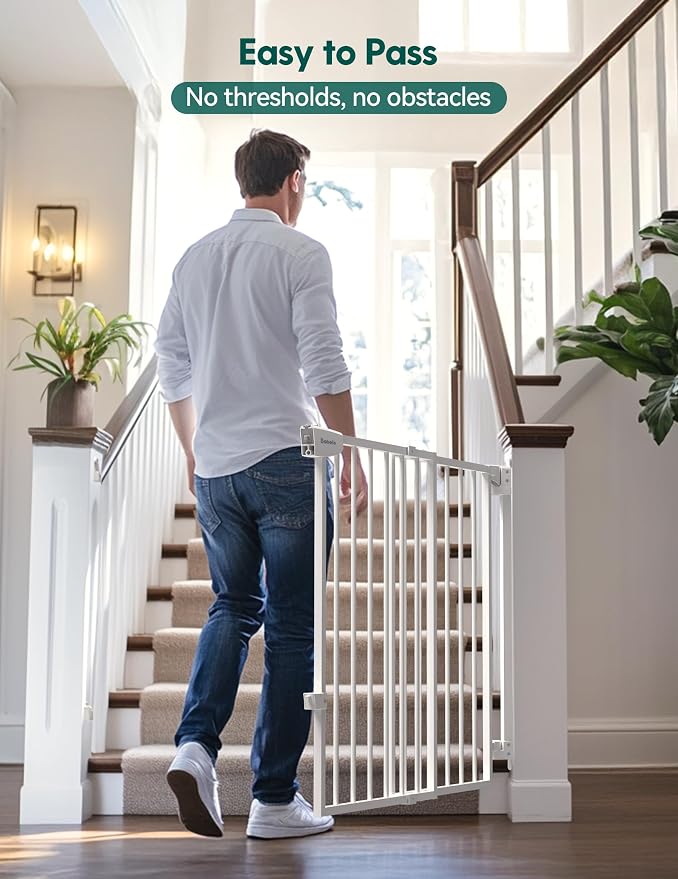 Babelio Extra Tall No Bottom Bar Baby/Dog Gate, 34" H, 29.7-46.5" W, White | Hardware Mount Pet Gate for Indoor Doorways and Hallways with Auto Close, Stay-Open, Wide Walk-through Door, Easy Install