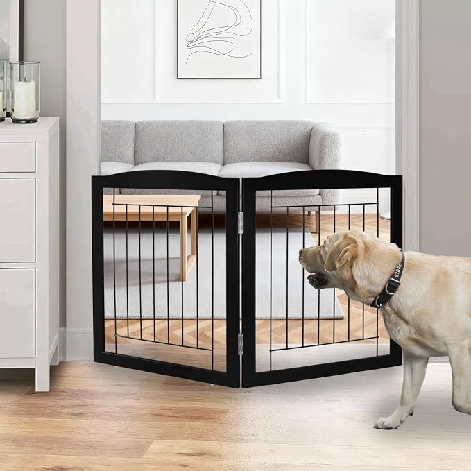 ZJSF Freestanding Foldable Dog Gate for House Extra Wide Wooden Indoor Puppy Gate Stairs Doorways Pet Gate Tall Dog Fence 2 Panels Fence Black