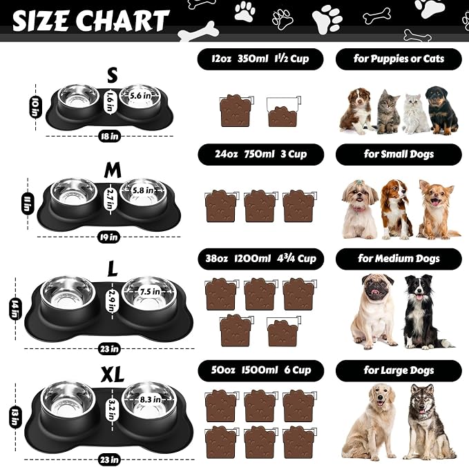 AsFrost Dog Food Bowls Stainless Steel Pet Bowls & Dog Water Bowls No Spill Non Skid, Feeding Bowls with Dog Bowls Silicone Mat for Small Medium Large Size Dogs, Cat Pet Dog Dishes Set, Black, 3 Cup