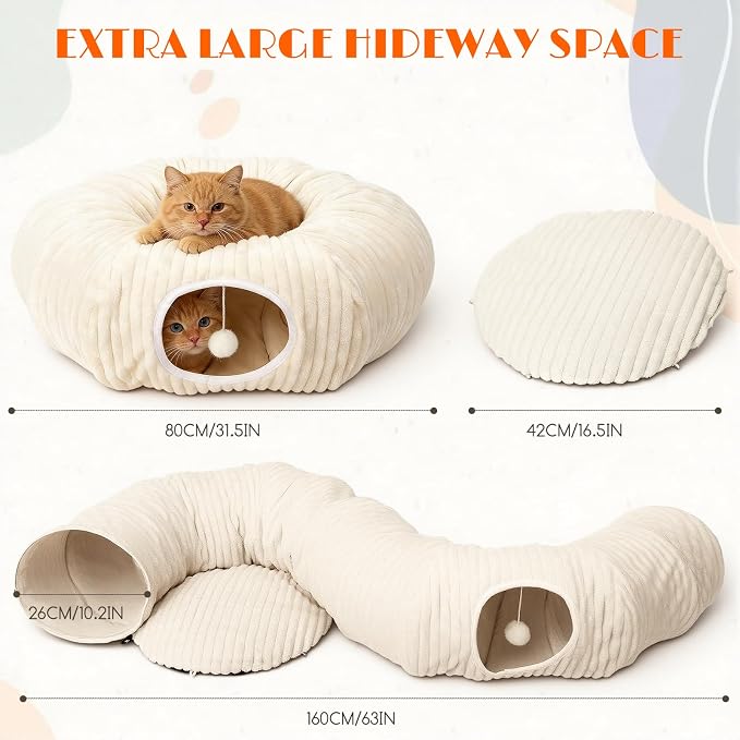 Cat Tunnel Bed with Interactive Cat Toys – 31.5" Large Collapsible Play Tunnels for Indoor Cats, Soft Plush Washable Hide & Seek Tube, Perfect for Small to Large Kittens and Adult Cats (White)
