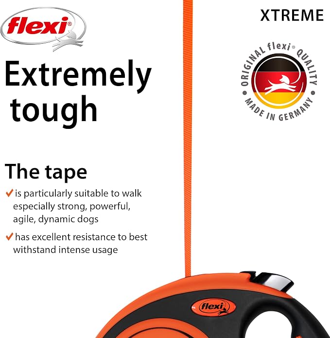 FLEXI® Xtreme Tape Retractable Dog Leash, Large, 26 ft - Orange/Black | German engineered, original flexi leash, durable quality for dogs up to 121 lbs, tangle-free, walking, reliable brake system