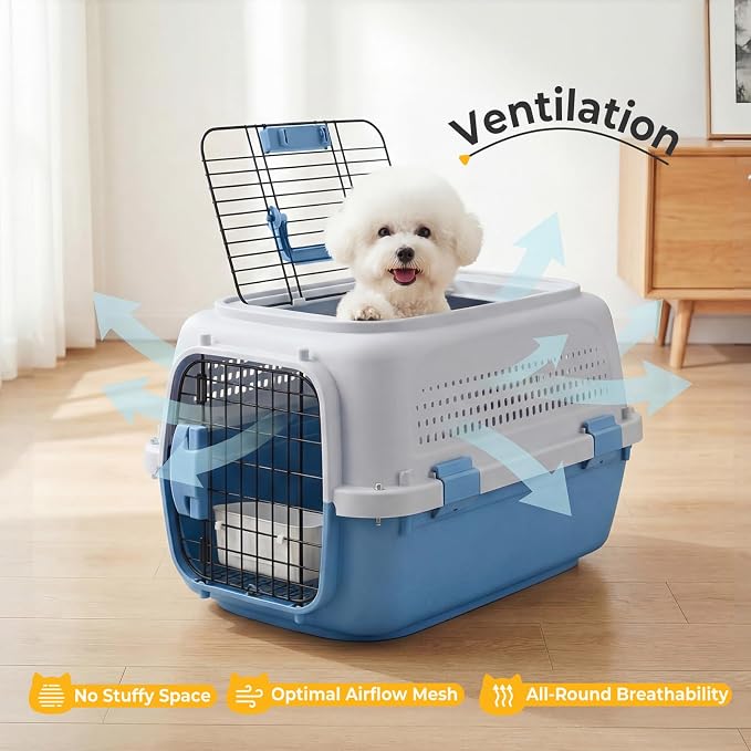 NEWBULIG 23" Hard-Sided Dog Carrier, Plastic Cat & Dog Crate, 4-Sided Ventilation Travel Pet Kennel, Top & Front Door Access, Integrated Food Bowl, for Small Pets up to 22 lbs, Blue