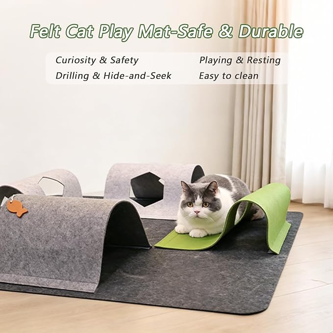 Cat Tunnel Mat for Indoor,4-Way Felt Cats Play Mat Cat Cave for Hide & Seek | Furphoria 39.4" Large Cat Tunnel with 6 Pcs Toys Set Interactive Cat Enrichment for Foldable Kitten Tunnel (Dark Gray)