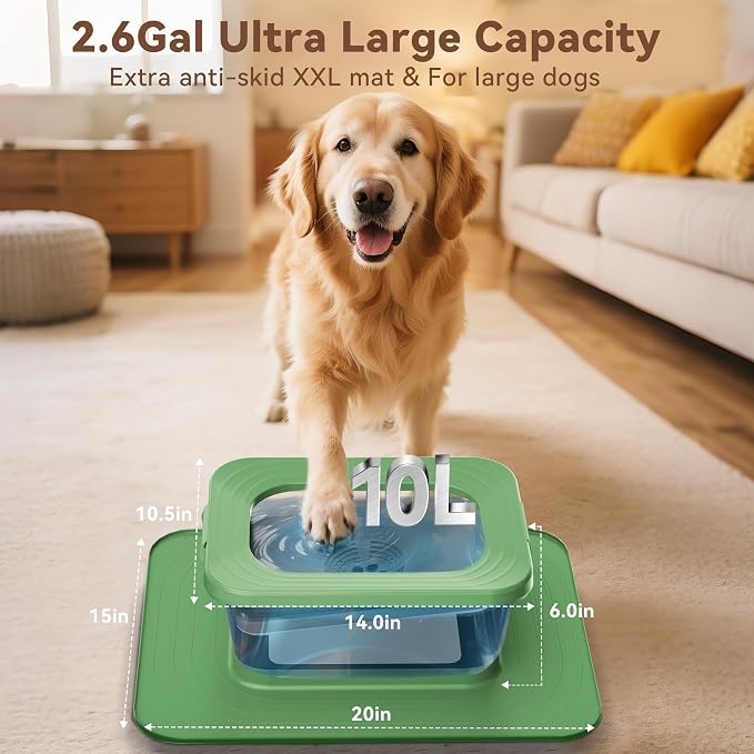10L No Spill Dog Water Bowl, 2.6 Gal Stainless Steel No Splash Large Dog Water Bowl with Non-Slip Silicone Mat, Spill Proof Slow Drinking Pet Bowls for Messy Drinkers Indoor/Outdoor Use Green
