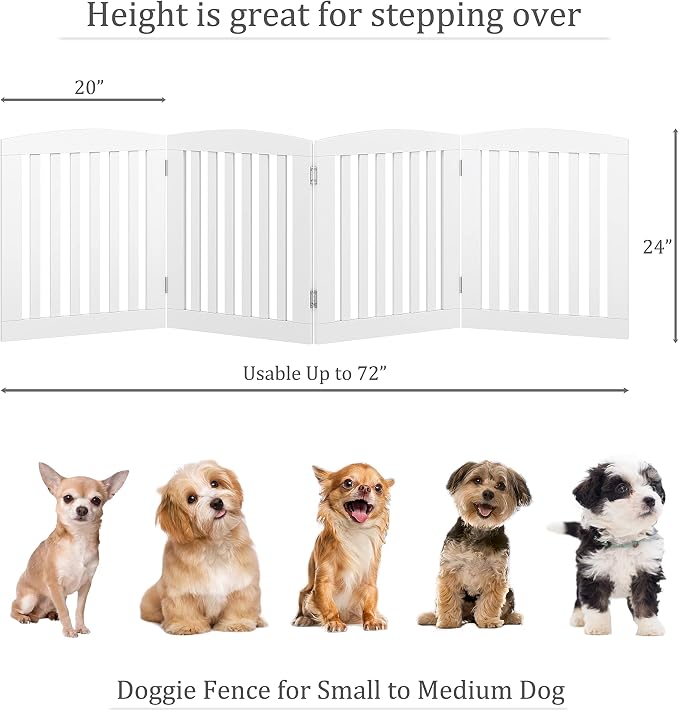 PAWLAND Wooden Freestanding Foldable Pet Gate for Dogs, 24 inch 4 Panels Step Over Fence, Dog Gate for The House, Doorway, Stairs, Extra Wide (White, 24" Height-4 Panels)