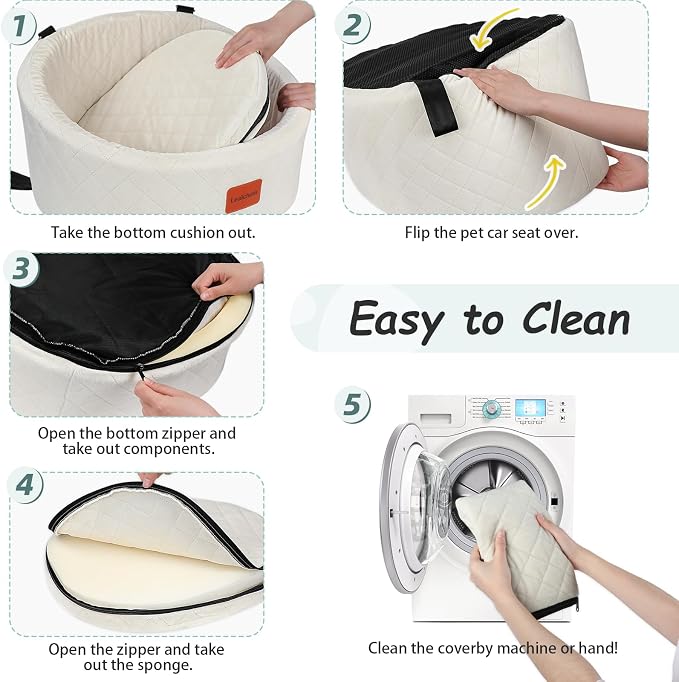 Lealchum Dog Car Seat for Small Dogs Up to 30 Lbs,Ultra Soft Fabric Fill in Comfy Memory Foam,Happy Pet Ride,2 Safety Dog Leashes,Fully Detachable and Washable,Anti Slip Base(Beige)