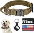 Celifelight Tactical Dog Collar, Adjustable Nylon, Heavy Duty Metal Buckle with Handle, Airtag Protective Case, Brown, L, Medium & Large Breeds