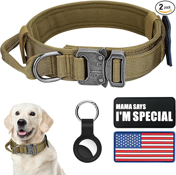 Celifelight Tactical Dog Collar & Leash Set, Military Dog Collar, Adjustable Nylon, Heavy Duty Metal Buckle, with Handle for Dog Training, Airtags Case, Patches (Brown, M)