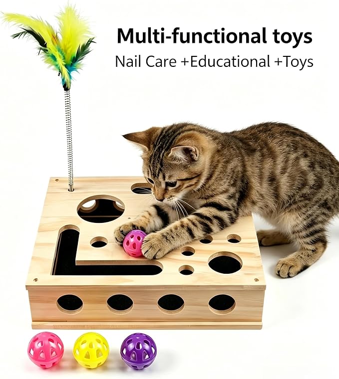 Wooden Cat Scratch Puzzle Enrichment Box, Interactive Cat Nail File Enrichment Box with Sandpaper Inside and Bell Ball, Scratch Puzzle Box for Cat Stress Free Alternative to Clippers and Grinders