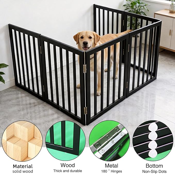 Dog Gate Indoor, Freestanding Dog Fence for The House, Doorways, Hallways,or Stairs,Pet Gate Foldable Wooden,Expandable 24" Height 6 Panels,Black