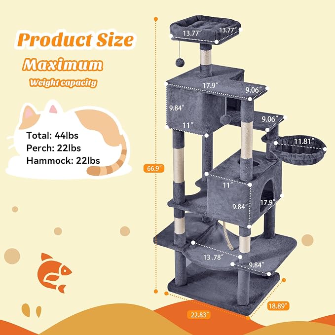 Sweetcrispy 66 Inch Cat Tree Tower for Indoor Cats and Kittens, Dark Grey | Multi Level Cat Climbing Tower with Natural Sisal Scratching Posts, Hammock, Pet Condo