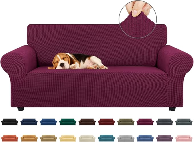 Stretch Loveseat Couch Cover, 2 Cushion Couch Slipcover,Wine | 1-Piece Washable Sofa Cover Pet Friendly (55"-78") Furniture Protector Soft Jacquard, Elastic Bottom for Dogs & Kids