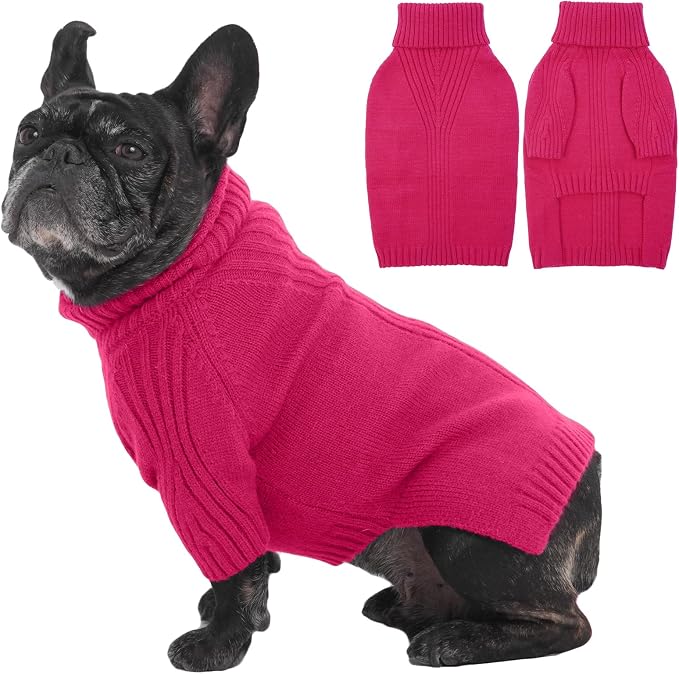 IECOii Dog Sweaters for Medium Dogs Girl Boy,Holiday Knit Doggy Sweatshirt with Sleeve,Turtleneck Thick Warm Dog Sweaters for Winter,Pullover Knitwear for French Bulldog,Boston Terrier (Rose red, L)