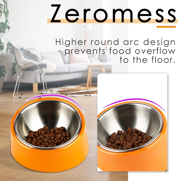 SuperDesign Mess Free 15° Slanted Bowl for Dogs and Cats, Tilted Angle Bulldog Bowl Dog Feeder, Non-Skid & Non-Spill, Easier to Reach Food S/0.5 Cup Bright Orange