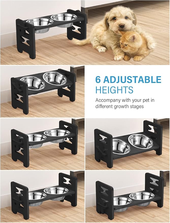 Vantic Elevated Dog Bowls, Raised Dog Bowl Stand Adjustable Small, Black | Bamboo Elevated Feeder with 2 Stainless Steel Bowls, Adjustable Height Stand for Small Puppies and Cats