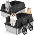 2 Pack XL Stainless Steel Litter Box with High Sides, Metal Litter Box | Extra Large Tall Wall Open Top Deep Metal Pan, Anti-Leak Non-Stick Odor Control, 2 Scoops Included
