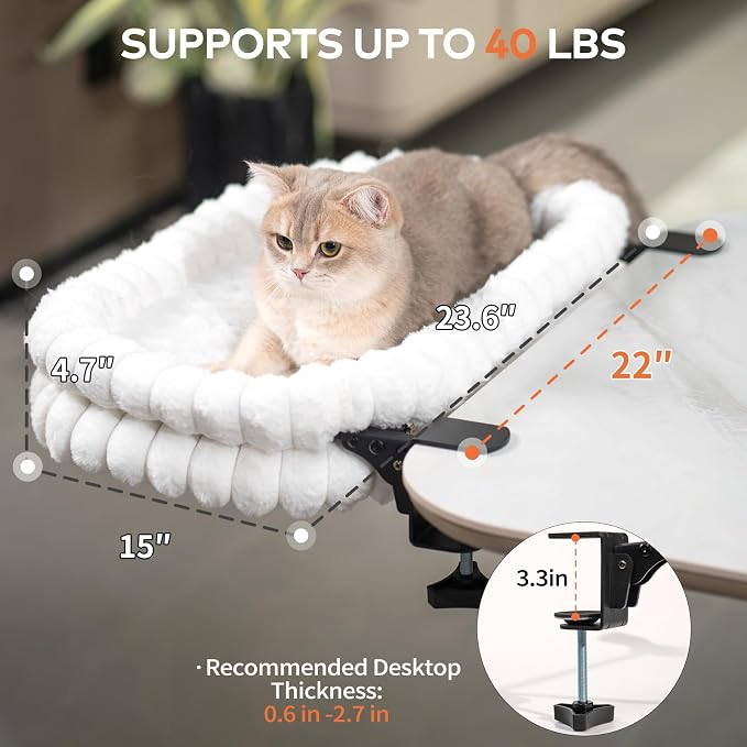 CHEERPALS Cloud Cat Bed Desk Mounted Hammock for Indoor Cats Perch Foldable | Reversible Mesh Warm Plush Mat, 90° Space Saving, Machine Washable Support Pet Bed for Kitty and Puppy(White, Large)