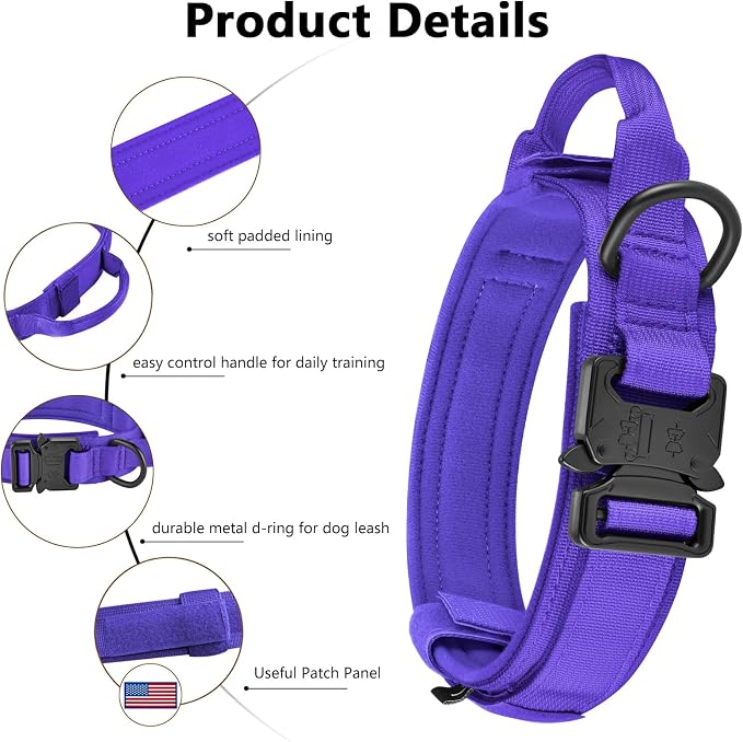 DAGANXI Tactical Dog Collar, Adjustable Military Training Nylon Dog Collar with Control Handle and Heavy Metal Buckle for Medium and Large Dogs, with Patches and Airtags Case (Purple, M)