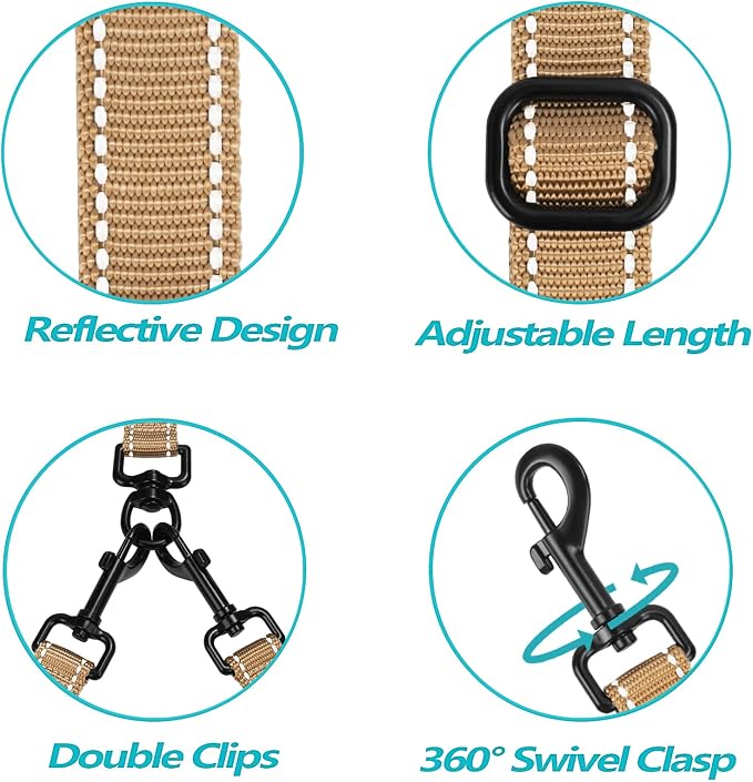 PetBonus Double Dog Leash, No Tangle Dual Leash, Walking Training Lead | 4 Comfortable Padded Handles, Adjustable, Reflective, For Two Large Medium Dogs, Collapsible Bowl and Waste Bags, Light Khaki