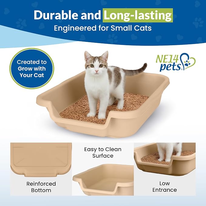 KittyGohere Senior Cat Litter Box Small with Scoop, Beach Sand | Open Top Low Entrance Kitty Litter Box With With Long-handle Jumbo Scoop, Lightweight & Durable Litters Box, Made in USA