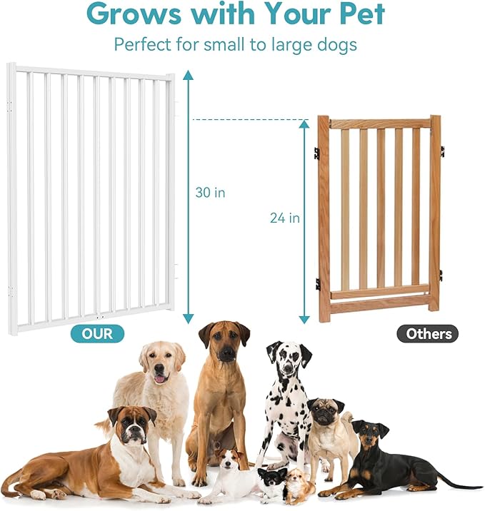No Pawblems Full Metal Freestanding Dog Gate with Door, 30" Tall | Foldable Pet & Dog Fence for Stairs/Deck/Doorways, Indoor/Outdoor, Freestanding & Wall Mount, 208" Wide, 8 Panels, White