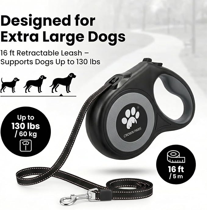 16 ft Retractable Dog Leash for Extra Large Dogs up to 130 lbs,Tangle-Free Nylon Tape,Black Dan24 XL