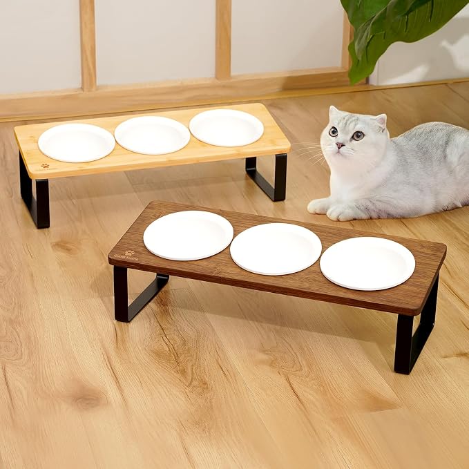 Sunhoo Raised Cat Food Water Bowl Elevated Tilted Kitty Dishes Set of 3 Ceramic Dish for Indoor Cats Orthopedic Pet Food Stand Reduces Vomiting 3 Bowl Cat Feeder Easy Assembly(Brown)