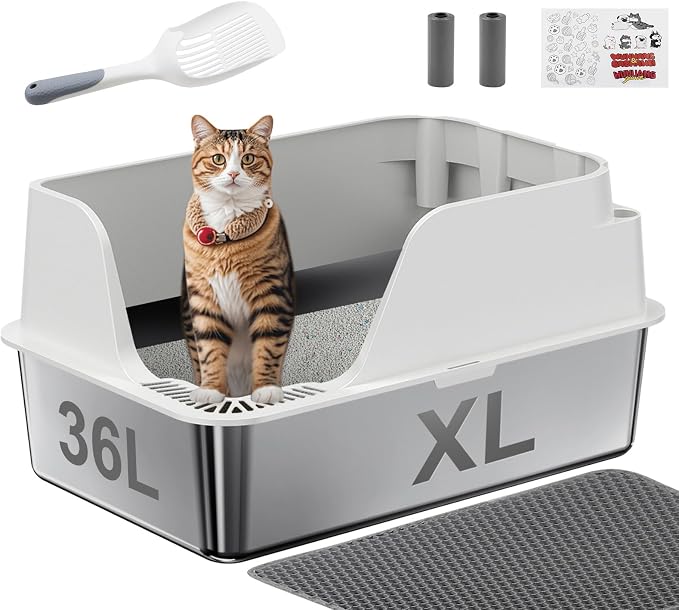 Non-Stick Stainless Steel Litter Box, XL Side Open Splash-Proof (White) | Leak-Proof Seamless Seal, Ellenpent Large Capacity, Cat Litter Box with Lid for Multi-Cats, Easy-Clean & Durable