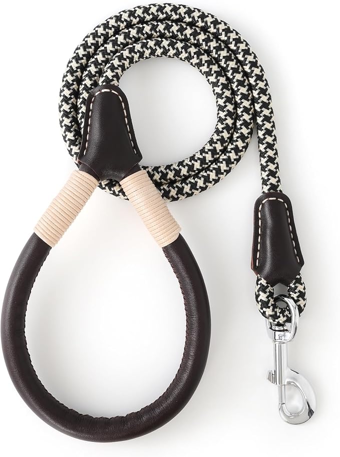 Mile High Life Dog Leash with Genuine Leather Handle, 4/5/6 FT | Comfortable Leather Grip Rope Leash, Heavy Duty 360° Swivel Metal Clasp, for Small Medium & Large Dogs (Khaki Black, 48 Inch)
