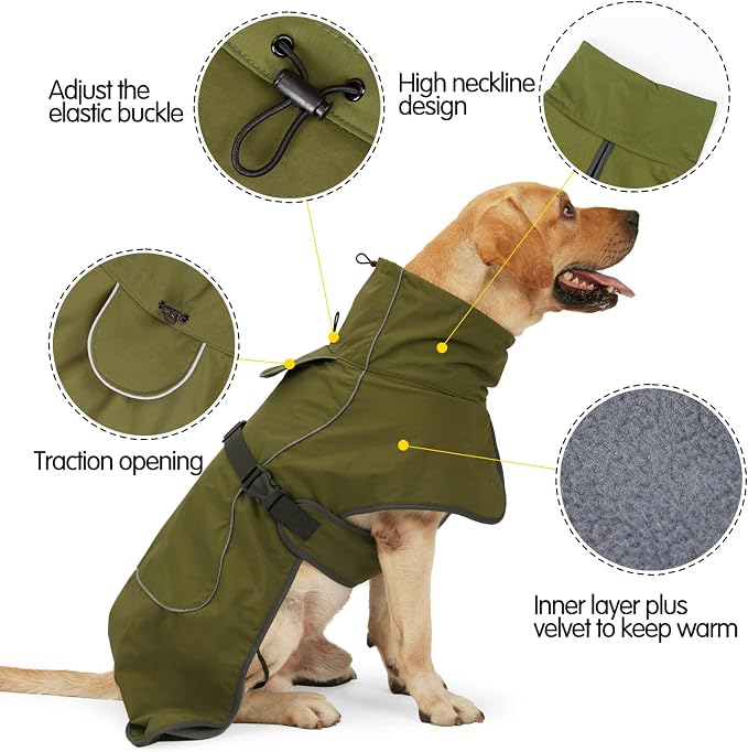 JOHNBOLIN Dog Winter Jacket & Raincoat - Waterproof Windproof Reflective Coat with Warm Insulation, All-Weather Hiking Travel Gear for Indoor/Outdoor Use(Military Green, XX-Large)