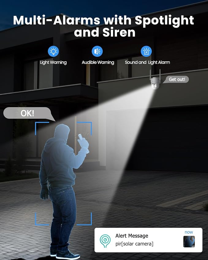 3K/5MP Solar Security Cameras Wireless Outdoor, 360°PTZ Camera | Color Night Vision, PIR+AI Motion Detection, Spotlights Alarm, IP66 Waterproof, 2 Way Audio, Wifi6, Work with Alexa/Google