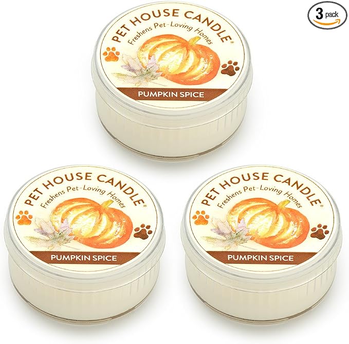 Pet House Mini Candles for Pet Odor Made with Natural Soy Wax, Plant Based, Dog and Cat Friendly Scented Candles, Pumpkin Spice Pack of 3