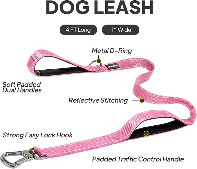 PetiFine 4FT Heavy Duty Dog Leash with Soft Padded Double Handle | Traffic Handle Extra Control,Auto Lock Hook,Reflective Nylon Walking Lead for Large,Medium,Small Breed Dogs