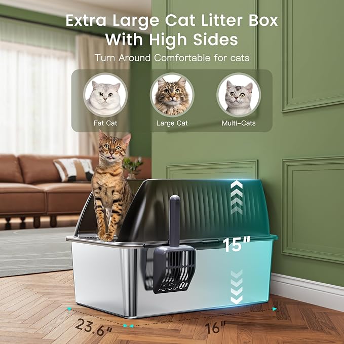 Tripamin 15” XL Stainless Steel Cat Litter Box Enclosure, XXL Stainless Steel High Sides with Lid, Extra Large Metal Cat Litter Box (Translucent Black, 2Pcs-Large-XXL)