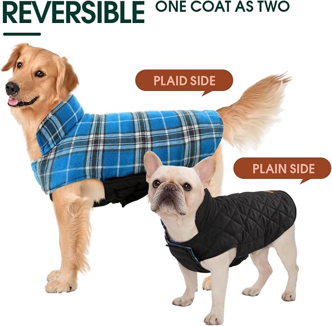 Kuoser Waterproof Dog Coat, Reversible Dog Jacket for Large Dogs, Blue L | Adjustable Durable Doggie Winter Coat for Groowing Puppies Warm Puppy Cold Weather Apparel