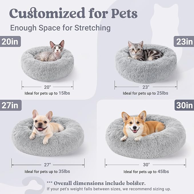 rabbitgoo Calming Cat Beds for Indoor Cats, 20 inches, Light Grey | Soft Warm Donut, Fluffy Faux Fur, Supportive Raised Rim, Anti-slip, Machine Washable, Up to 15lbs Kittens & Small Cats