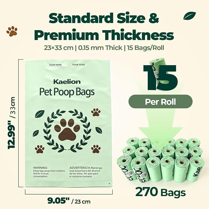 Compostable Dog Poop Bags 270 Count (18 Rolls), 9x13 Inch, BPI Certified, Plant-Based Leak Proof Unscented Green Eco-Friendly Waste Bags (Green)