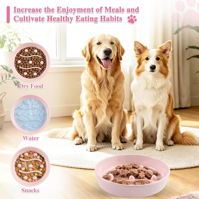 Ceramic Slow Feeder Dog Bowls,1.5 Cups Dog Food Dish for Medium& Large Dogs | 7.5 inch Puzzle Dog Food Bowl for Fast Eater, 28OZ, (Pink)