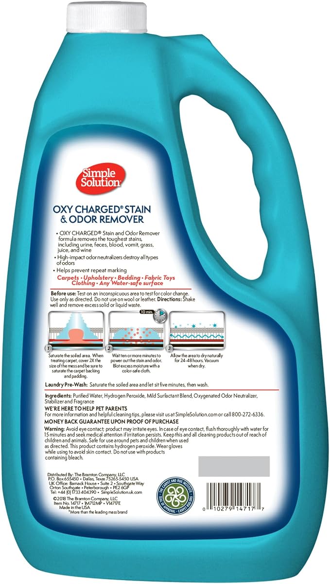 Simple Solution Oxy Pet Stain Remover, Carpet Cleaner, Pet Stains, Gallon | Upholstery Cleaner, Pet Odor Eliminator, Carpet Spray, Dog Urine Cleaner, Spot Cleaner, Waste & Vomit Odor, Cat Stains