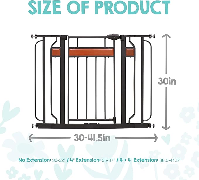 Regalo Safety 30"-41.5" Extra Wide Baby Gate, Bottom of Stairs & Doorways | Pressure Mounted with Door, For Babies, Toddlers & Pets, Black with Wood Accent, Tested & Trusted for 30 Years