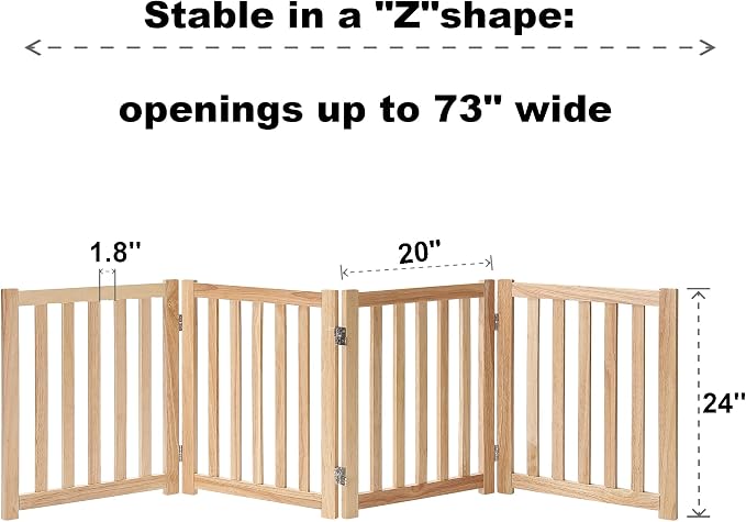 LZRS Wooden Free Standing Foldable Dog Gate Indoor – 80" W x 24" H, Extra Wide Step-Over Safety Pet Gate for Doorways, Stairs, Hallways, Large Spaces & Playpen for Puppies Indoor Use, Natural