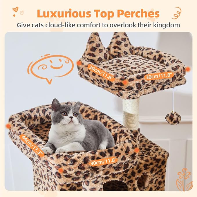 Taoqimiao Cat Tree, 71 in Extra Large Cat Tower for Inddor Cats, MS026LBW | 2 Large Cat Condos, 2 Cute Perches, Metal Frame Cozy Hammock, Durable Scratch Board, 8 Natural Sisal Posts, Basket, Leopard
