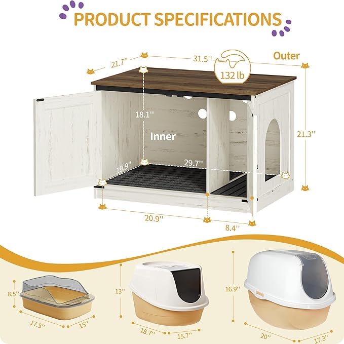 Hzuaneri Cat Litter Box Enclosure, Hidden Litter Box Furniture with Divider | Wooden Cat Cabinet with Removable Dividers, Reversible Entrance Left or Right Side, Cat Washroom, Rustic White Brown CB84614X