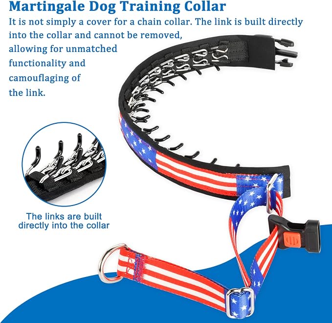 Mayerzon Martingale Prong Collar for Dogs, Patented No Pull Pinch Collar | with American Flag and Buckle for Small Medium Large Dogs Training Walking Hunting, Adjustable and Heavy Duty (Flag, XL)