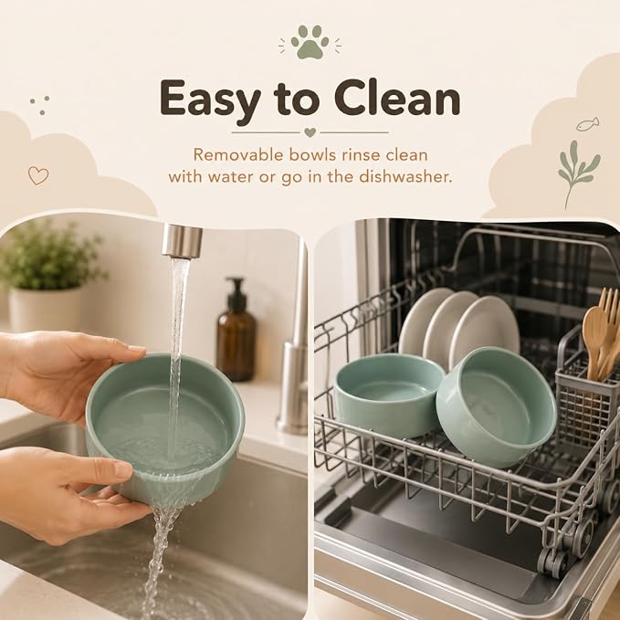 Havniva Raised Cat Bowl 5.1” Elevated Ceramic Cat Food and Water Bowl Set | Cat Bowls Elevated, Whisker Friendly Cat Bowl, Non-Slip Wood Stand, Food-Grade Ceramic, Wide Opening, Dishwasher Safe