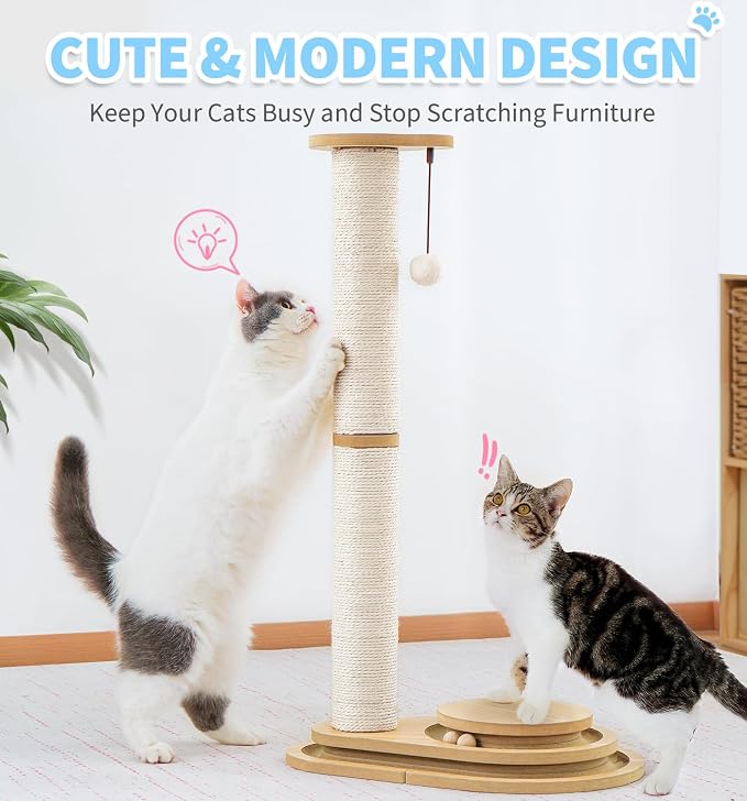 Made4Pets Tall Cat Scratching Post for Indoor Cats with Ball Track 32" | Interactive Tall Cat Scratching Post with Natural Sisal Rope, Rolling Ball Track and Extra Scratching Height, Modern Décor