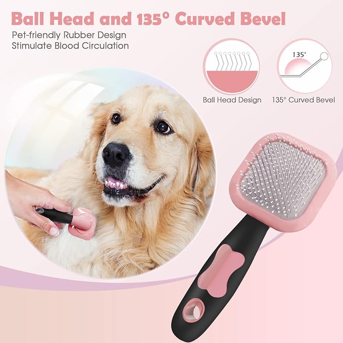 Slicker Brush for Dogs - Gently Cleaning Pin Brush for Shedding, Small Dogs, Puppy, Yorkie, Poodle, Rabbits, Cats - Pink