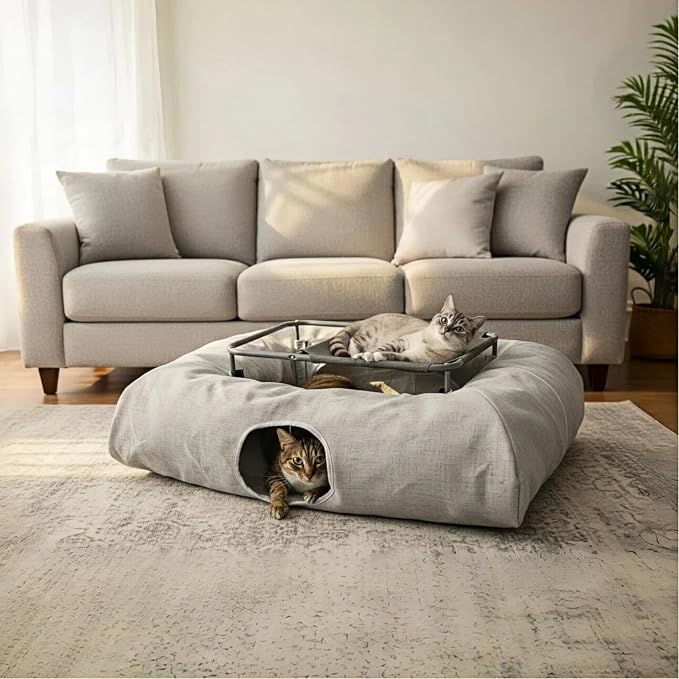 XXL 2-Tier Cat Tunnel & Hammock Bed, Scratch-Proof Linen, for All Cats Toys | XxingSheep 4 Cave Premium Hemp Fabric Cat Tunnel Bed for Indoor Cats Toys Cave Donut with Soft Mat & Toys