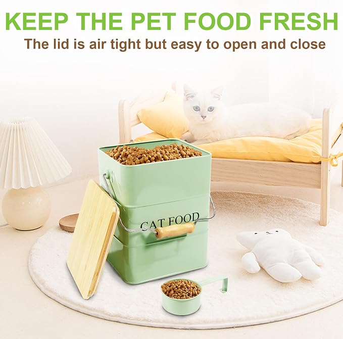 Cat Food storage container Cat Treats Jar,5~6 lb Metal food treats tin for Cat, pet snacks Canisters with wooden lid/handle/sevice scoop-Green