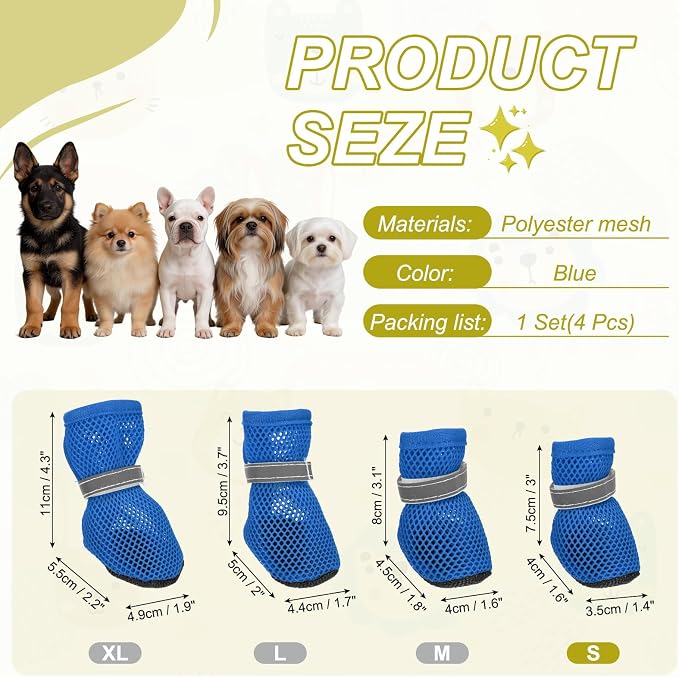 Dog Boots Paw Protector, Reflective Adjustable Non Slip Mesh Summer Breathable Dog Shoes Dog Walking Boots (S Size, Blue, 4 Pcs) Intended for Paws Waterproof for Dogs/Cat/Puppy